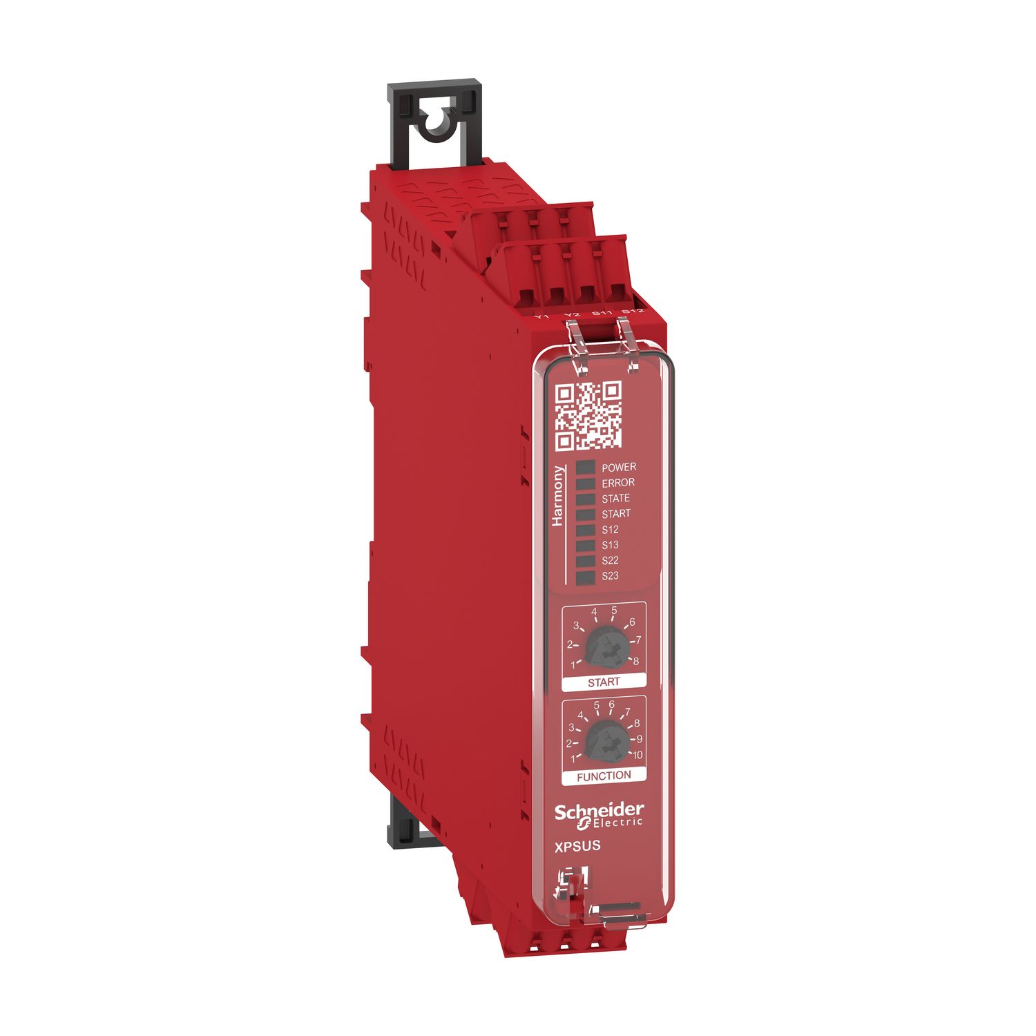 Picture of safety module, Harmony XPSU, Cat 4, features 2 x XPSUAF with enabling movement, 48 to 240V AC or DC, spring