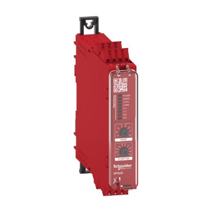 Picture of safety module, Harmony XPSU, Cat 4, features 2 x XPSUAF with enabling movement, 48 to 240V AC or DC, spring