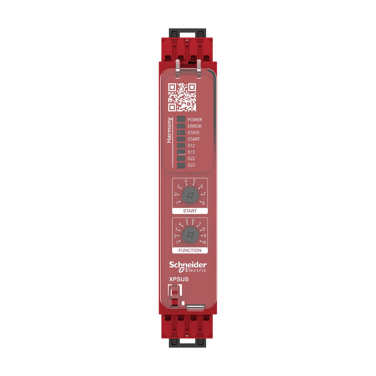 Picture of safety module, Harmony XPSU, Cat 4, features 2 x XPSUAF with enabling movement, 48 to 240V AC or DC, spring