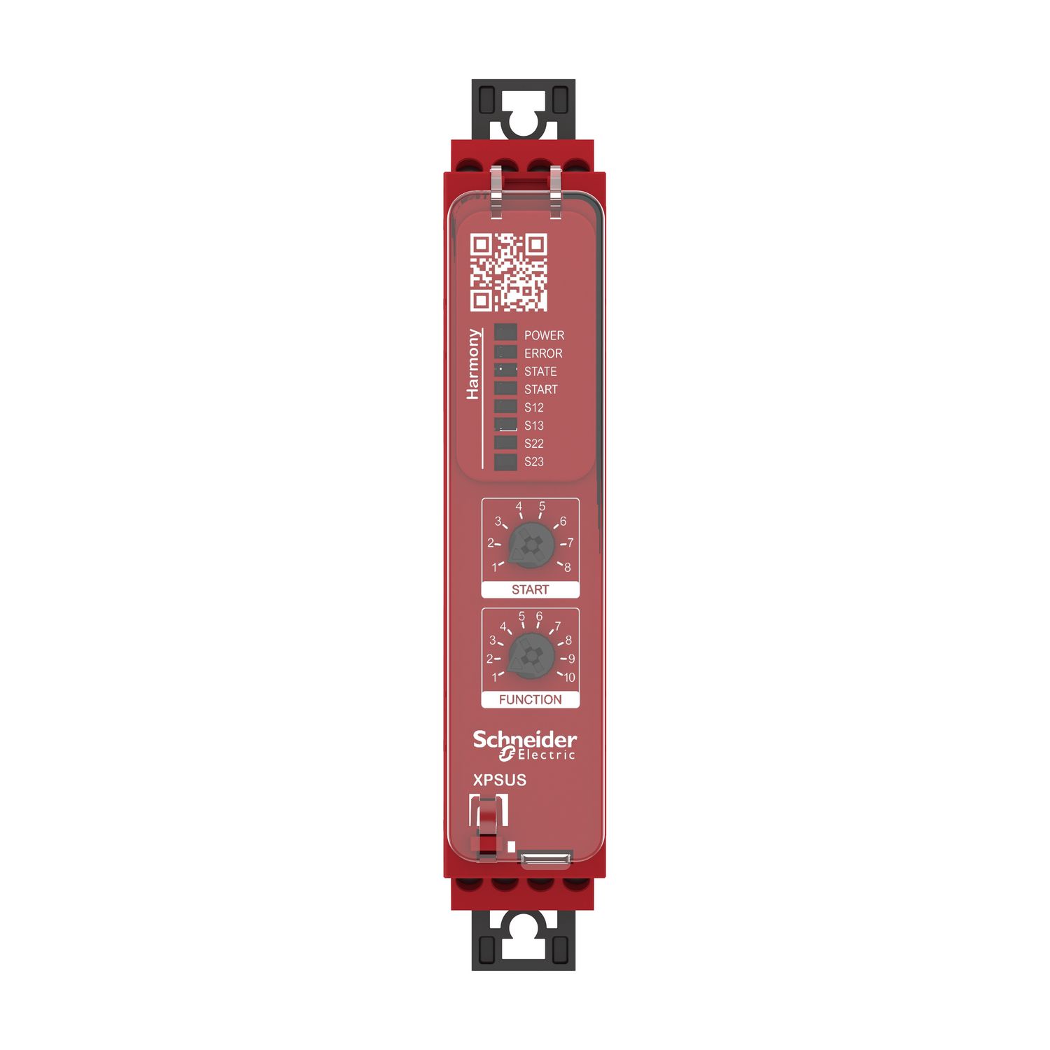 Picture of safety module, Harmony XPSU, Cat 4, features 2 x XPSUAF with enabling movement, 48 to 240V AC or DC, screw